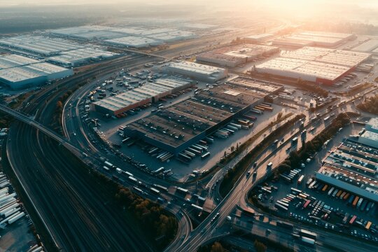 View of industrial area and transportation network during sunset