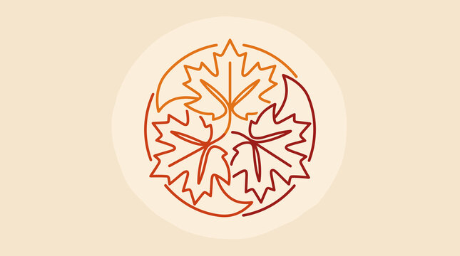 Circular autumn maple leaf logo design featuring three stylized leaves in orange and red gradient line art on a light cream background, ideal for seasonal branding or eco-friendly identity.