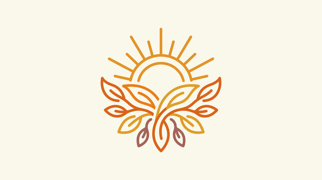 Minimalist autumn sun and leaf logo design featuring a rising sun with orange and yellow monoline leaves on a cream background, ideal for seasonal branding and organic identity.