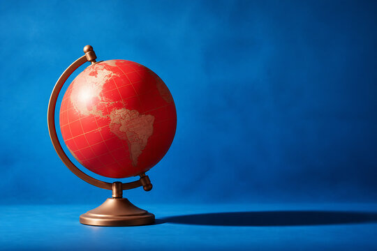 A red and orange globe sits on a stand against a solid blue background.