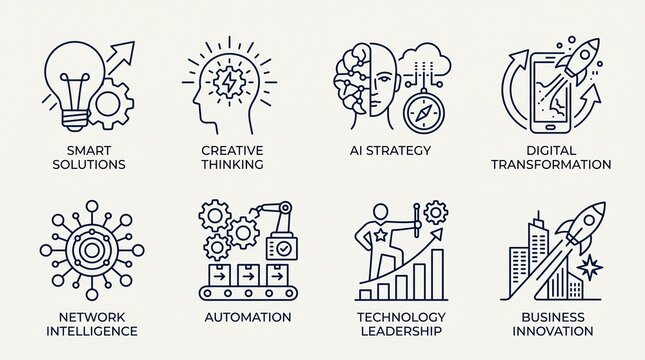 Innovation systems icon set featuring smart solutions, creative thinking, AI strategy, digital transformation, network intelligence, automation, technology leadership and business innovation.