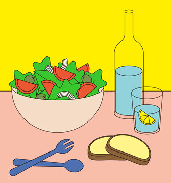Fresh Salad with Water and Bread