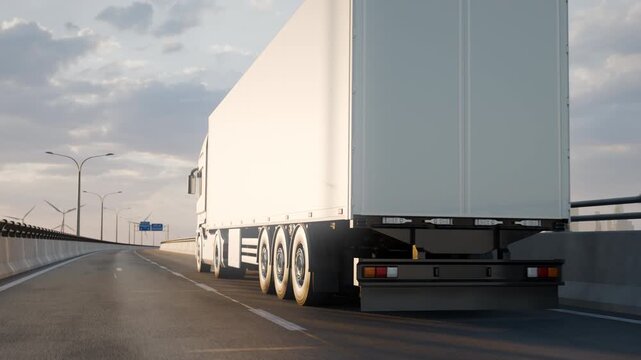 Low Side to Rear Tracking Shot of Semi Truck Crossing Long Bridge