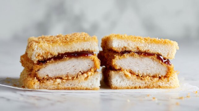 Japanese pork katsu sando sandwich cut in half on marble