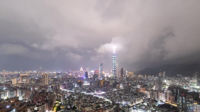 Time Lapse of low clouds moving above the skyline of Taipei Taiwan at night.