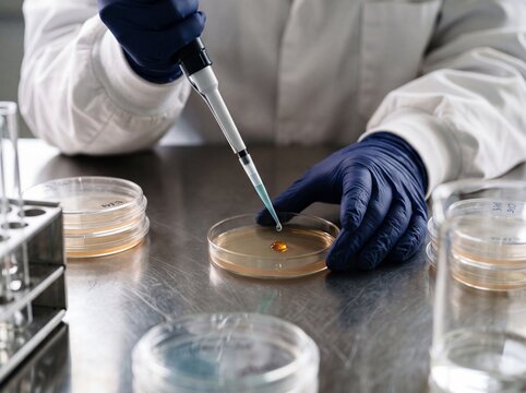 Scientist using a micropipette to transfer liquid sample onto an agar Petri dish in a microbiology research laboratory