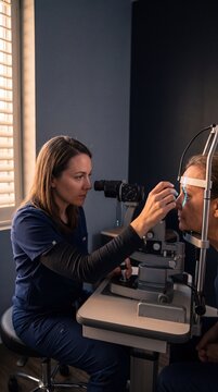 Professional female optometrist examining a mature patient's eyes using a slit lamp biomicroscope in a modern optical clinic