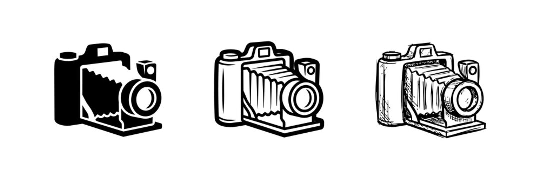 Retro Vintage Folding Camera Icons and Illustrations Set - Three Graphic Styles: Solid Silhouette, Bold Line Art Outline, and Hand Drawn Sketch Drawing Vector Isolated on White