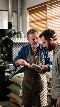 Senior artisan coffee roaster in a leather apron showing freshly roasted coffee beans on a scoop to a colleague in a workshop