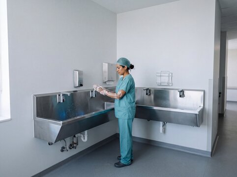 Female surgeon in medical scrubs washes her hands thoroughly at a stainless steel hospital sink before entering the operating room