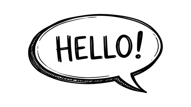 Hand drawn sketch speech bubble with lettering hello and exclamation mark in doodle comic style on transparent background, concept of friendly greeting and welcoming atmosphere