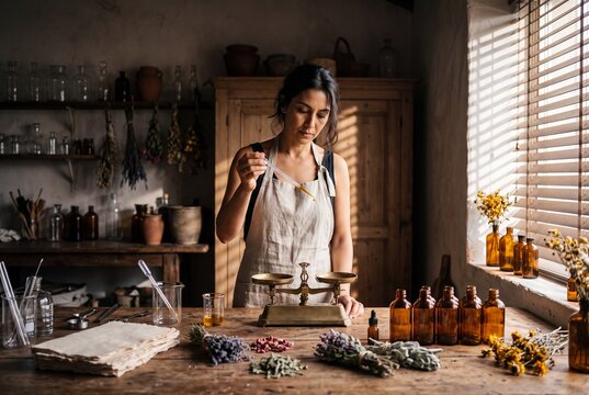 Female Herbalist or Artisan Perfumer Using Dropper to Measure Essential Oils with Balance Scale in Rustic Apothecary Workshop