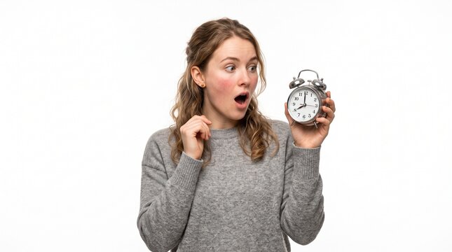 Young woman with shocked expression looking at alarm clock showing 8 oclock on white background