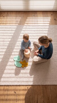 Mother and baby child playing together on a cozy carpet in a sunny living room from a high angle view