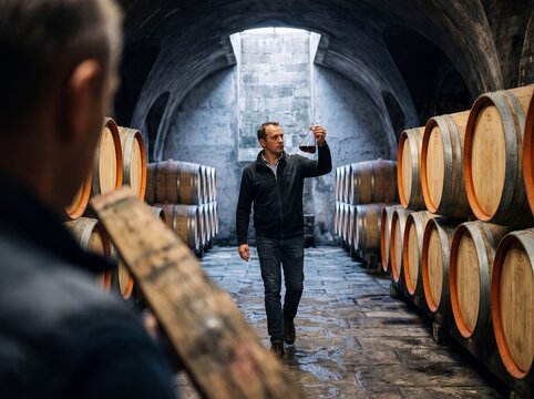 Winemaker inspecting a red wine sample in a flask while walking through a traditional vaulted wine cellar with oak barrels
