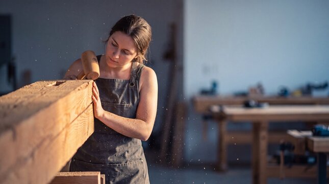 Young female carpenter working with wooden mallet on large timber beam in bright workshop