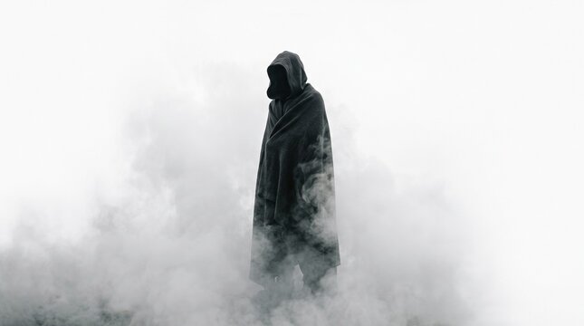 Mysterious hooded figure shrouded in fog and smoke