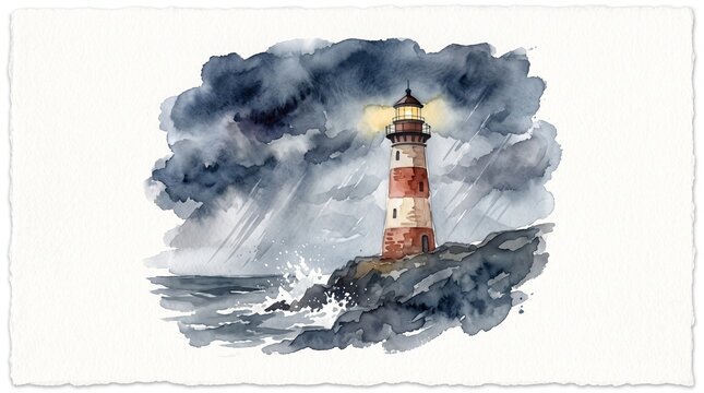 Watercolor painting of a lighthouse on a rocky shore during a storm