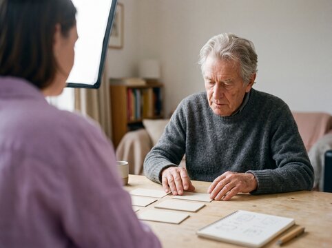 Senior man during cognitive therapy session with female specialist using flashcards at home