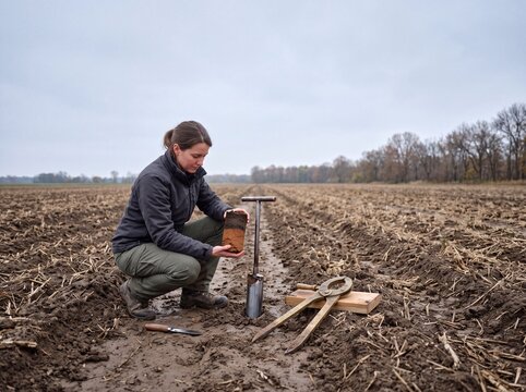 Female agronomist or soil scientist taking soil samples in an agricultural field with a corer to test quality and fertility