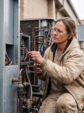 Female HVAC technician repairing outdoor air conditioning unit wiring with a screwdriver while wearing safety glasses