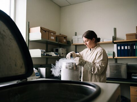 Female scientist wearing protective gloves handling samples from a liquid nitrogen cryogenic tank in a modern research laboratory