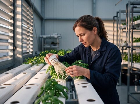 Female Agricultural Scientist Inspecting Healthy Basil Roots in a Modern Hydroponic Greenhouse