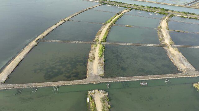 Aerial shot of large fish ponds along the coast of Taiwan used for farming fish and shrimp.