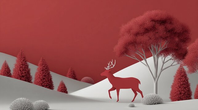 Silhouette of deer in snowy red forest, serene winter scene