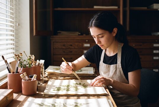 Focused female botanist wearing an apron and carefully arranging dried pressed leaves on herbarium paper with tweezers in a sunny workshop