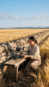 Asian female agronomist inspecting a modern surveillance drone in a golden wheat field during sunset for precision agriculture