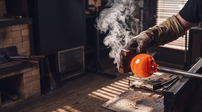 Glassblower shaping glowing hot molten glass with a wooden block in a traditional glass workshop studio with smoke rising