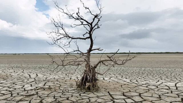Aerial shot a died tree in cracked surface of a dry lake.
