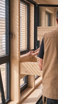 Carpenter inspecting and installing modern windows in a prefabricated timber frame house under construction