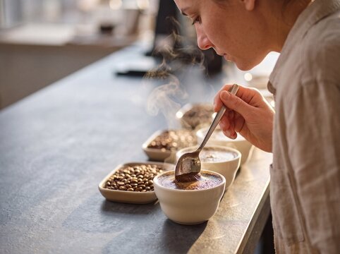 Female barista smelling freshly brewed specialty coffee during a professional cupping and tasting process in a roastery