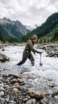 Female environmental scientist in waterproof waders conducting water quality testing and hydrology research in a fast-flowing mountain river