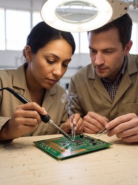 Two Focused Electronics Engineers Soldering Microchip on Circuit Board in Workshop