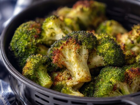 Roasted seasoned broccoli florets cooked in black air fryer basket