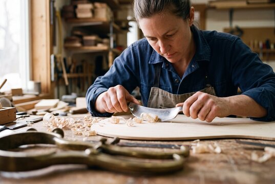 Skilled female luthier using a hand plane tool to shape wood for a musical instrument in her workshop