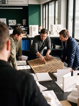 Professional team of architects and engineers discussing a topographical landscape model in modern office studio