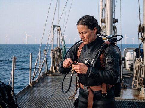 Female scuba diver preparing and checking diving equipment on a boat deck near an offshore wind farm