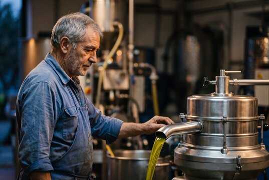 Senior man working in olive oil mill checking freshly extracted extra virgin olive oil pouring from machinery