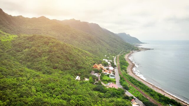 Aerial shot of a small town on the east coast of Taiwan.