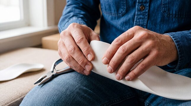Close-up of a craftsman adjusting a white orthopedic shoe insole by hand with tools nearby