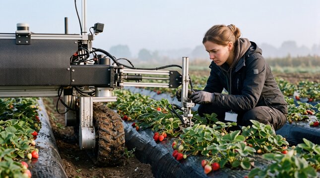 Female agricultural engineer calibrating an autonomous harvesting robot on a strawberry farm