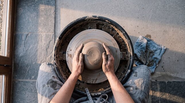 High angle view of a potter's hands shaping wet clay on a spinning pottery wheel in a creative ceramic workshop