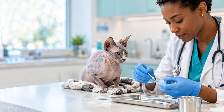 Veterinarian examining a Sphynx cat with a glass slide in an animal clinic. Veterinary care and pet health. Laboratory testing and diagnostic screening. Cat wellness.