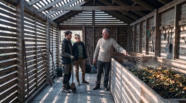 Experienced senior gardener teaching young apprentices how to manage an active steaming compost pile inside a wooden shed