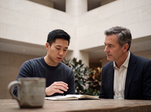 Young Asian professional discussing notes in an open book with a mature senior colleague during a business meeting in a modern office atrium