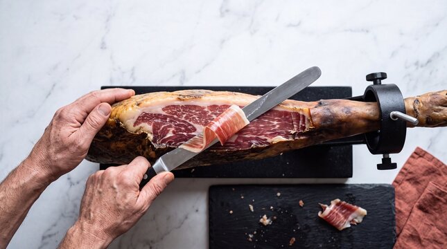 Chef hands slicing thin piece of traditional Spanish cured Iberian ham with a sharp carving knife on a marble table